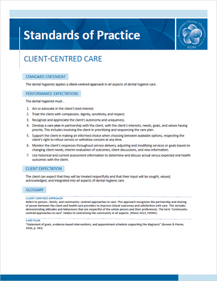 The proposed draft Standard of Practice for Client-Centred Care.